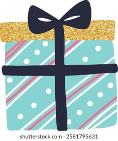 Wrapped gift box with glitter gold wrapping paper on top and light blue wrapping paper with pink and white stripes and white dots, tied with a dark blue ribbon