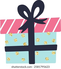 Wrapped gift box with golden confetti and dark blue ribbon and bow, representing a surprise present for a birthday, Christmas, or other special occasion