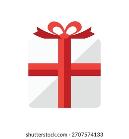 Una caja de regalo envuelta con una cinta roja y un lazo, presentada en un estilo plano y gráfico
