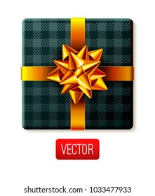 Wrapped gift box with ribbon and decorative gift bow. Wrapping present and decoration for holidays designs. Tartan. Top view. Realistic vector illustration. EPS 10