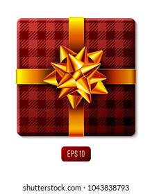 Wrapped gift box with ribbon and the decorative gift bow. Wrapping present and decoration for holidays designs. Tartan pattern. Top view. Realistic vector design element and illustration. EPS 10