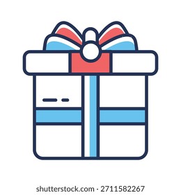 Caja de regalo envuelta con una cinta, icono de contorno plano de caja de regalo en estilo moderno.