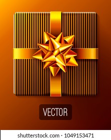 Wrapped gift box with ribbon and gold decorative gift bow. Golden wrapping present and decoration for holidays designs. Stripes pattern. Top view object. Realistic 3d vector illustration. EPS 10