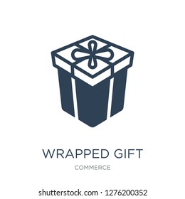 wrapped gift box with ribbon icon vector on white background, wrapped gift box with ribbon trendy filled icons from Commerce collection, wrapped gift box with ribbon vector illustration