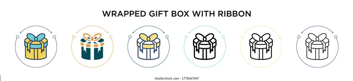 Wrapped gift box with ribbon icon in filled, thin line, outline and stroke style. Vector illustration of two colored and black wrapped gift box with ribbon vector icons designs can be used for