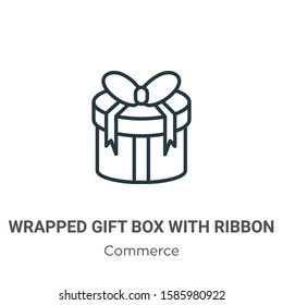 Wrapped gift box with ribbon outline vector icon. Thin line black wrapped gift box with ribbon icon, flat vector simple element illustration from editable commerce concept isolated on white background