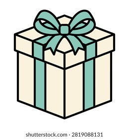 Wrapped gift box with teal ribbon and bow on top, perfect for holidays and special occasions