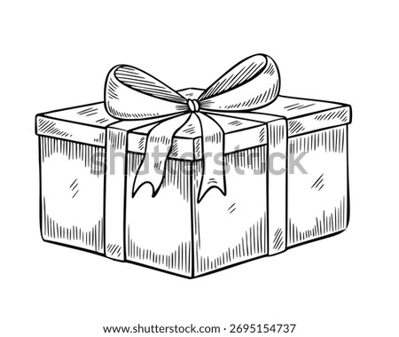 Wrapped gift box tied with a bow Vector engraving. Outline drawing of Present for vintage Christmas greeting cards or Birthday invitations. Etching for party design painted by black inks.