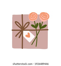 Wrapped gift box tied with love tag string and beautiful spring rose flower illustration