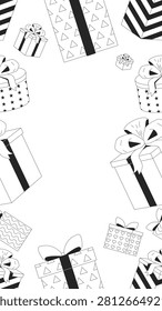 Wrapped gift boxes black and white vertical border copyspace. Presents. Seamless repeat pattern frame. Flat line graphic composition with copy space. Outline vector background. Social media template