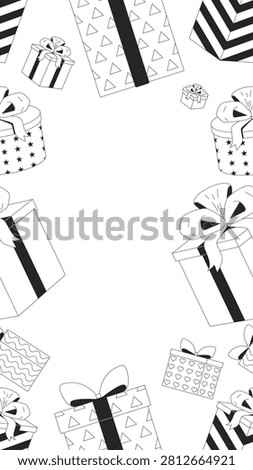 Wrapped gift boxes black and white vertical border copyspace. Presents. Seamless repeat pattern frame. Flat line graphic composition with copy space. Outline vector background. Social media template