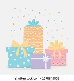 wrapped gift boxes with bow confetti party decoration vector illustration