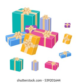 Wrapped gift boxes with bows and gold ribbons. Vector 3D illustration isolated on white background.