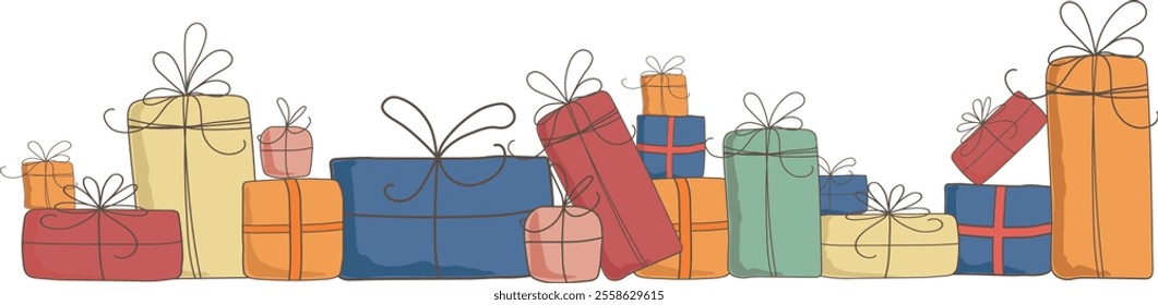 Wrapped gift boxes and presents with bows and ribbons in flat style in a row. Cartoon stylisation. Background illustration for cards, banners, sales and shopping