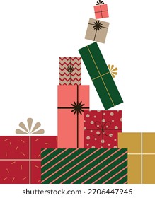 Wrapped gift boxes and presents with bows and ribbons in flat style in a pile. Simple geometric shapes. Background illustration for cards, banners, sales and shopping
