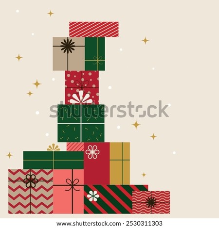 Wrapped gift boxes and presents with bows and ribbons in flat style. Simple geometric shapes. Background illustration for cards, banners, sales and shopping