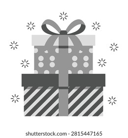 Wrapped gift boxes with ribbons and bows on white background with snowflakes, festive holiday decoration