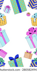 Wrapped gift boxes vertical frame copy-space. Presents. Seamless pattern composition with copyspace. Decorative border background for social media stories. Vector illustration. Flat 2D cartoon style