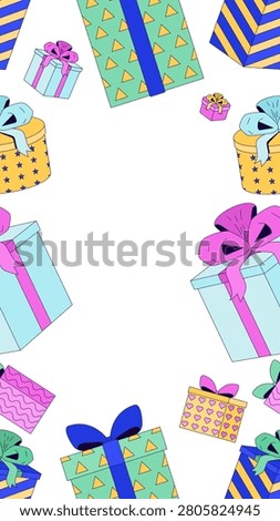 Wrapped gift boxes vertical frame copy-space. Presents. Seamless pattern composition with copyspace. Decorative border background for social media stories. Vector illustration. Flat 2D cartoon style