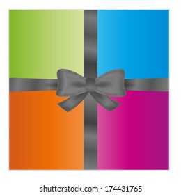 wrapped gift or gift card with four color parts and dark silver ribbon on white background