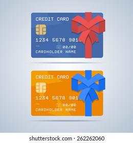 Wrapped Gift Credit Card With Ribbon In Flat Style. Blue And Gold Variants. Vector Illustration