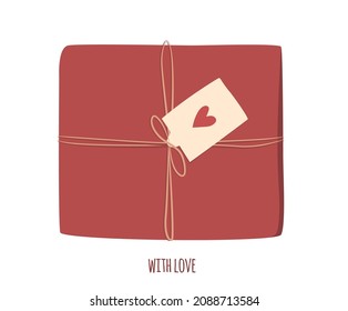Paquete de regalo envuelto con una etiqueta aislada en fondo blanco. Ilustración vectorial plana