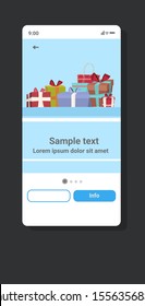 wrapped gift present boxes merry christmas happy new year poster winter holiday celebration concept smartphone creen online mobile app greeting card vertical vector illustration