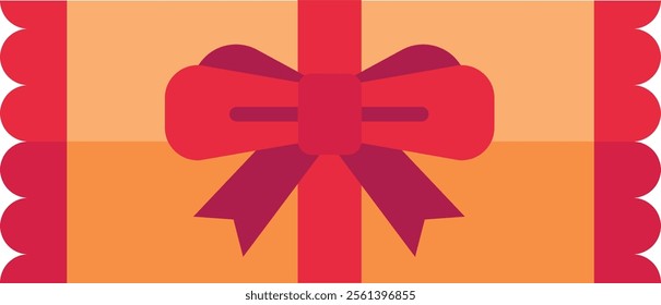 Wrapped gift with red and purple bow and scalloped edges representing a present for a special occasion like birthday, Christmas or anniversary