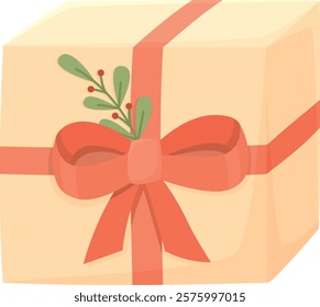 Wrapped gift with ribbon, bow and green twig. Cute present on transparent background	