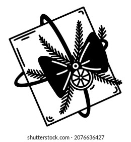 Geschenktes Geschenk Vektorsymbol. Handgezeichnetes Doodle. Geschlossene Box mit Bogen, Baumzweige, orangefarbene Scheibe. Schwarz-Weiß-Konzept für die Dekoration und Gestaltung von Karten, Einladungen, Druck, Textilien, Web.