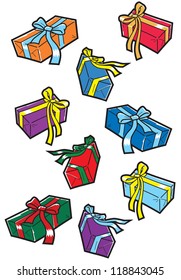 Wrapped gifts for birthdays or Christmas. Each gift is placed in a folder in the Illustrator file for easy selection. Changing of individual colors are made easier that way too.