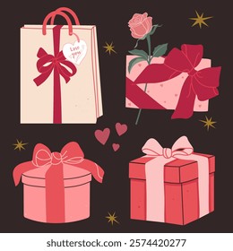 Wrapped gifts - boxes, packages, bags decorated with bows. A gift tied with a ribbon with a bow and a rose flower. Vector flat illustration