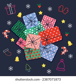 Wrapped gifts for giving at Christmas. wrapped gift boxes for holiday celebrations and gift giving. the festive season, presents, and surprises. vector illustration