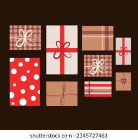 Wrapped gifts, top view. Gifts wrapped on a brown background.Vector illustration