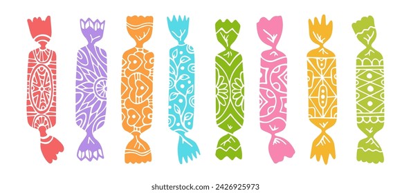 Wrapped hand drawn candy with ornament. Caramel bonbon lollipop chocolate, engraving doodle sweets snack set. Dessert food childish celebration. Wrapped caramel candy multicolor vector illustration