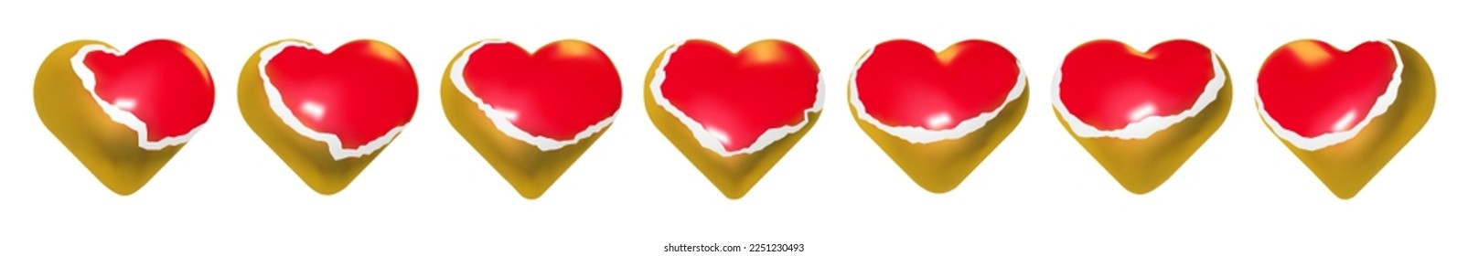 Wrapped heart set. 3d teared golden gift paper on red balloon shapes. Love present icon for st valentine, mother, father day vector elements on white.