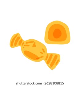 Wrapped Orange Candy Illustration. Bright orange wrapped candy with matching cross-section in flat cartoon style. Isolated on white background with bold simplified shapes.