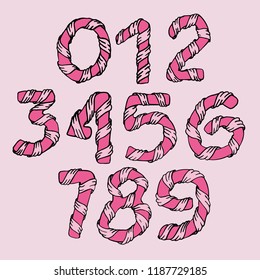 Wrapped in a pink ribbon numbers. Set numbers. Vector illustration.