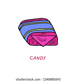 Wrapped pink striped candy drawing, vintage doodle illustration style, hand drawn, sketch, vector with inscription