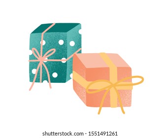 Wrapped presents flat vector illustration. Gift boxes decorated with ribbons isolated on white background. Wrapped festive birthday package . Traditional holiday celebration symbol.