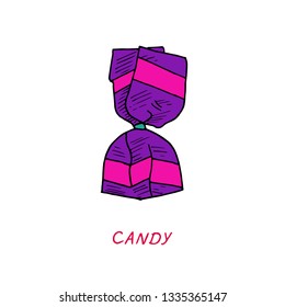 Wrapped purple, pink candy drawing, vintage doodle illustration style, hand drawn sketch, vector with inscription