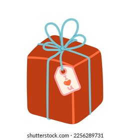 Wrapped red gift box with ribbon and red heart. Romantic valentine's day gift, flat style