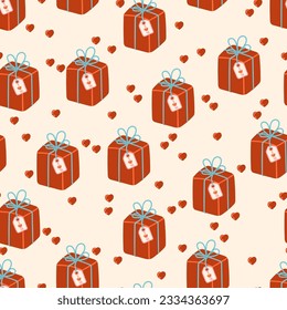 Wrapped red gift box with ribbon and red heart vector seamless pattern. Romantic valentine's day texture background