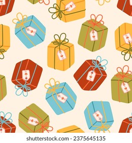 Wrapped red gift box with ribbon and red heart vector seamless pattern. Romantic valentine's day texture background