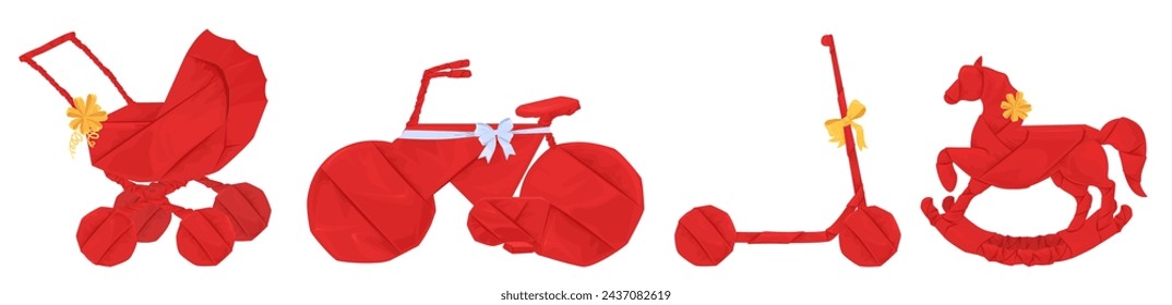 Wrapped red presents for children nursery, baby shower set vector illustration. Stroller, bicycle, kick scooter, rocking horse toys gifts