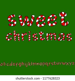 Wrapped in a ribbon alphabet. Set lowercase letters. Christmas candies imitation.