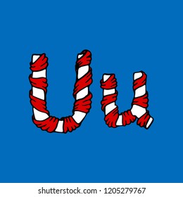 Wrapped in a ribbon letter U. Blue and red letter. Vector illustration.