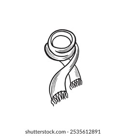 Fular envuelto con boceto de flecos. Vector gráfico línea ilustración dibujado a mano aislado. Doodle blanco y negro. Invierno o otoño ropa de abrigo, silenciador de lana de Navidad. Clipart para App, impresión, Sitio web.