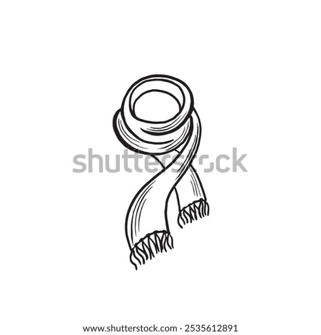 Wrapped scarf with fringe sketch. Vector graphic line illustration hand drawn isolated. Black and white doodle. Winter or autumn warm clothes, christmas wool muffler. Clipart for app, print, website.