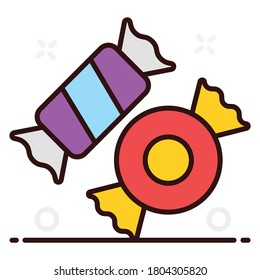 Wrapped sweet candies, confectionery item in modern flat style 
